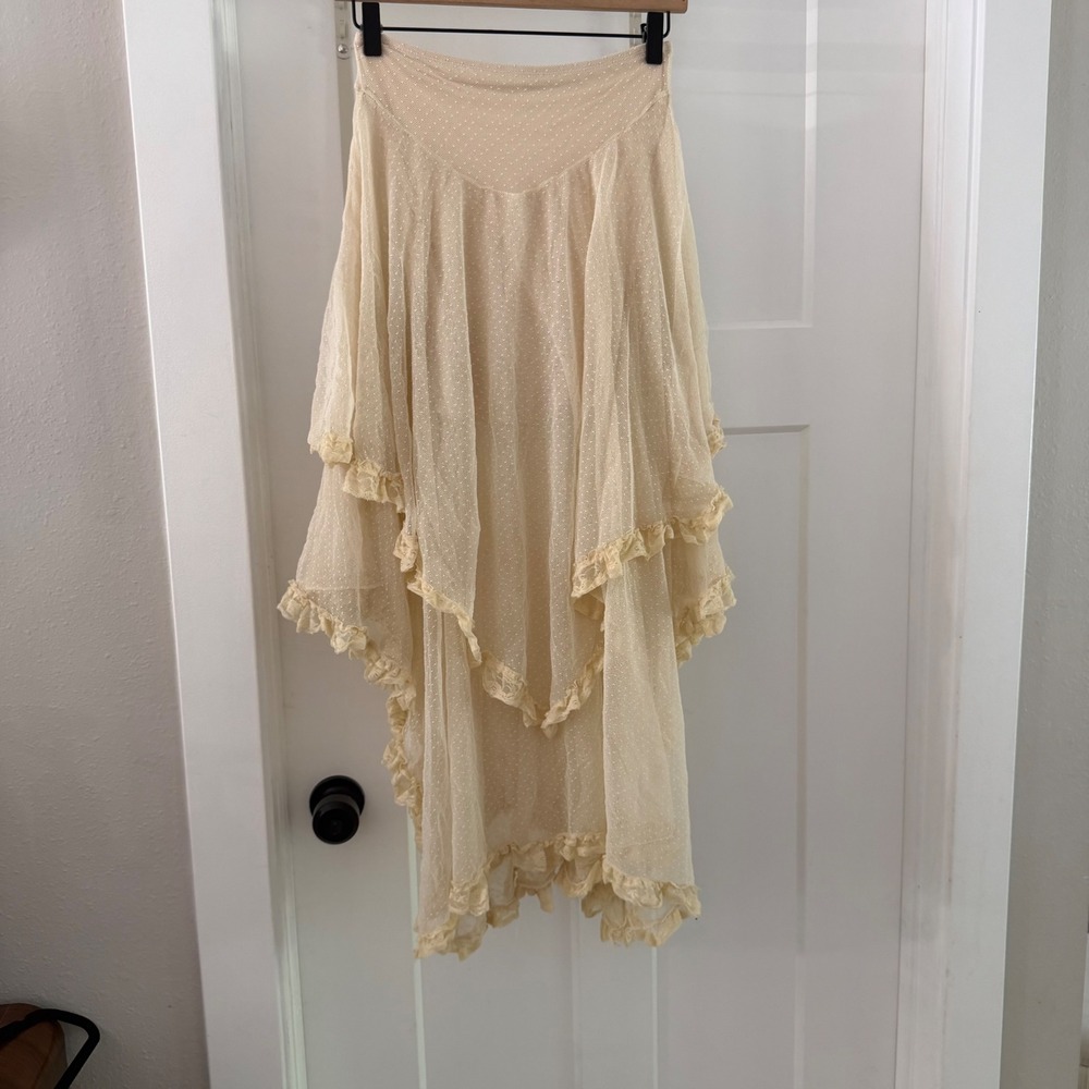 Free People Spanish Court Maxi Skirt Ivory Ruffle Lace Dot Mesh Handkerchief
